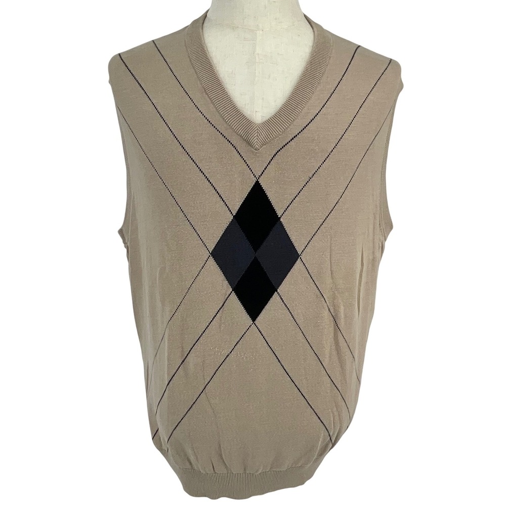 PGA Tour Mens XL Tan Argyle V-Neck 100% Cotton Knit Golf Sweater Vest 2166